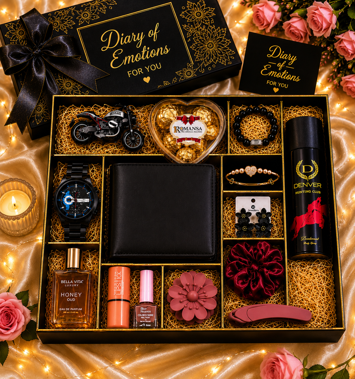 Diary of Emotions Luxury Couple Gift Hamper | Premium Black & Gold Gift Box for Him & Her