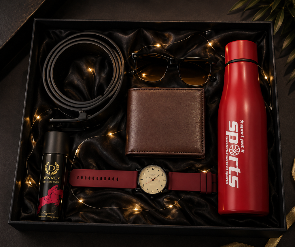 Urban Luxe Men's Gift Hamper – Watch, Wallet, Sunglasses, Perfume, Belt & Bottle Set