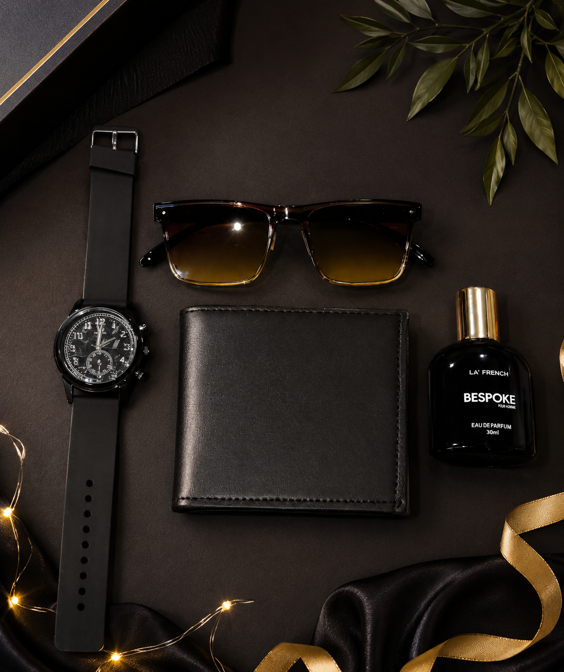 Classic Black Premium Gift Set for Men - Watch, Wallet, Sunglasses & Perfume Combo