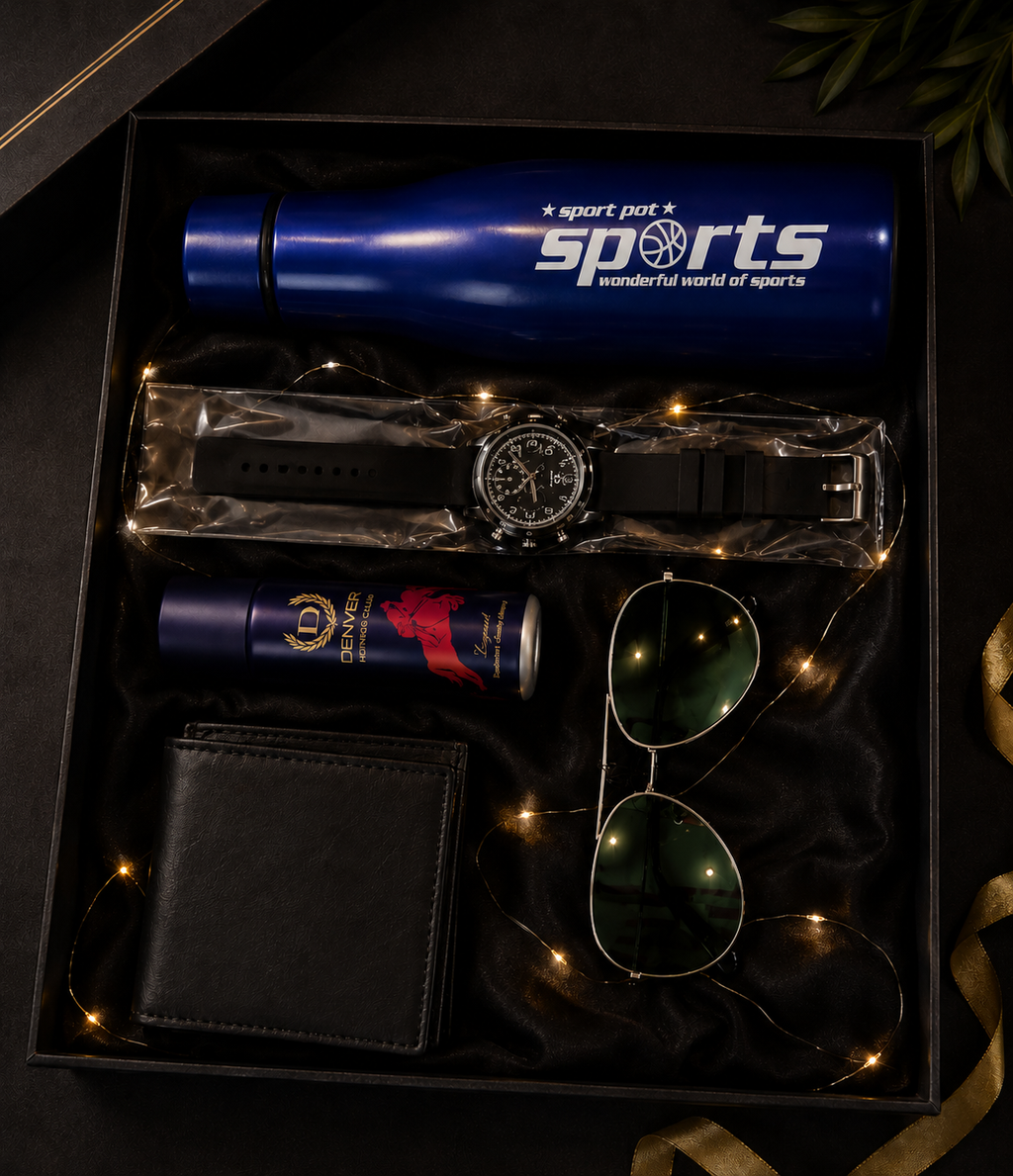 Urban Luxe Men's Gift Hamper – Watch, Wallet, Sunglasses, Perfume, Belt & Bottle Set